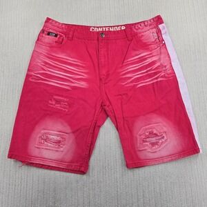 Contender Jean Shorts Mens 44 Red Distressed Acid Wash Side Stripe Denim Bermuda